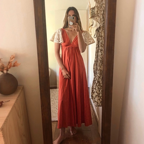 Vintage Dresses & Skirts - Vintage Orange Polyester Maxi Dress Lace Sleeves S